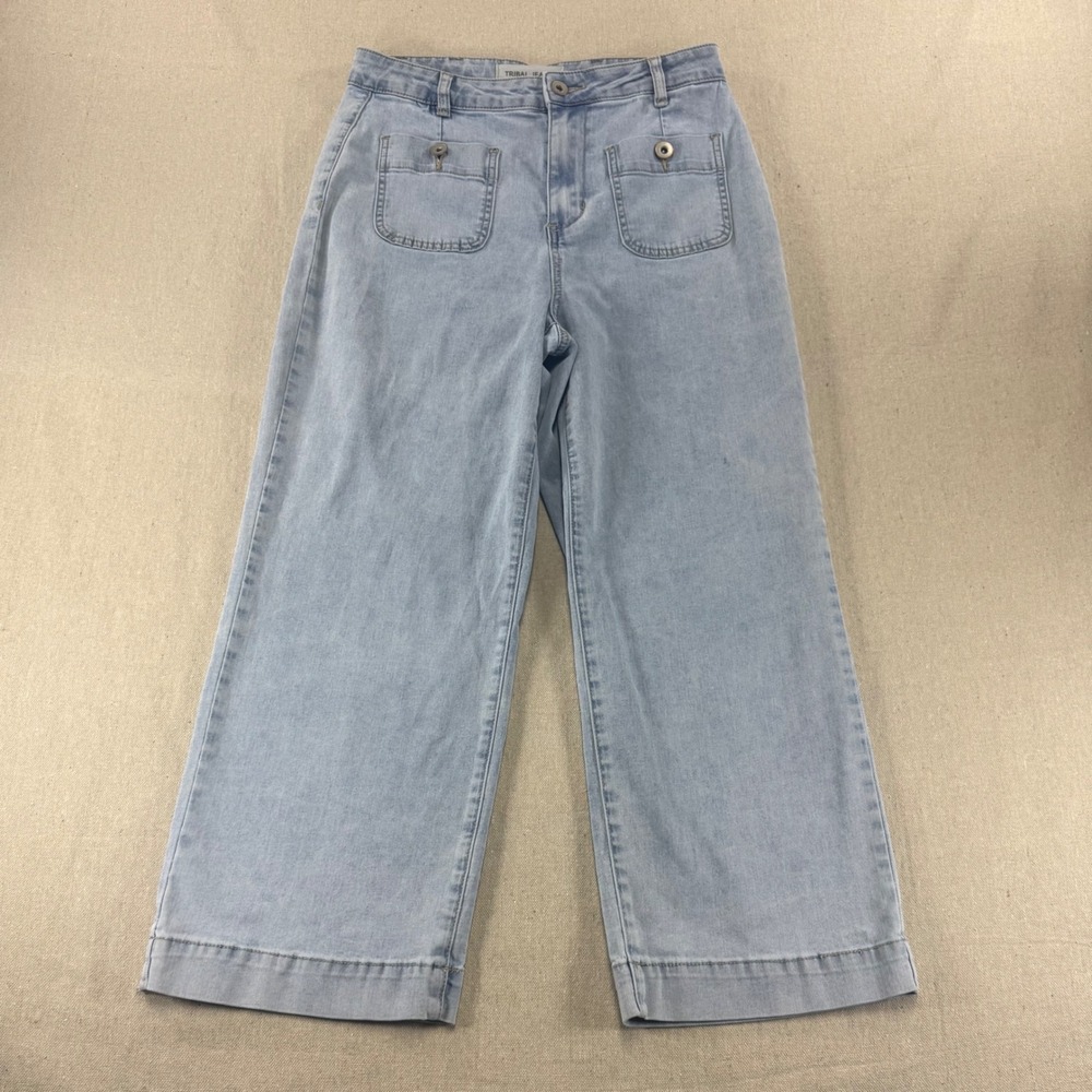 Tribal Jeans Womens Size 8 Light Wash Wide Leg Cropped Denim Pants Patch Pockets